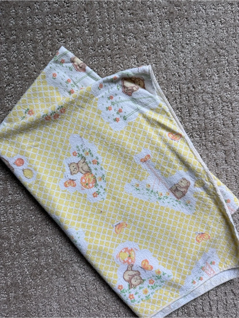 Vintage 1985 Teddy Bear Receiving Blanket 30x40 Yellow Plaid Cotton Baby Blanket